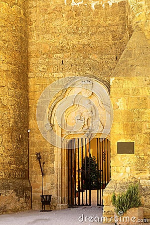Entrance gate to the castle of Belmonte in Cuenca. Stock Photo
