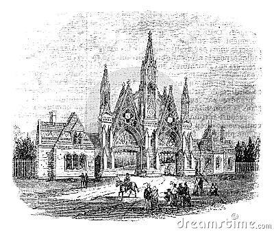 The entrance of GreenWood Cemetery at Brooklyn, United States. Vintage engraving from 1890s Vector Illustration