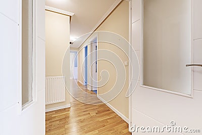 Entrance hall with access to a corridor with white wooden entrance doors leading to other rooms Stock Photo