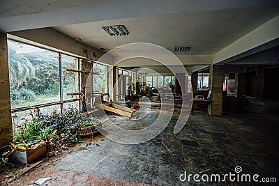 The entrance hall to the abandoned children`s sanatorium. Stock Photo