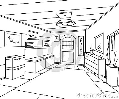 Entrance hallway interior with storage furniture, pictures and bench. Vector Illustration