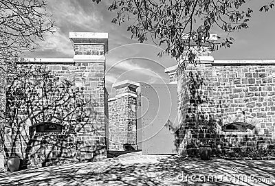 Entrance of the historic Fort Schanskop in Pretoria. Monochrome Editorial Stock Photo