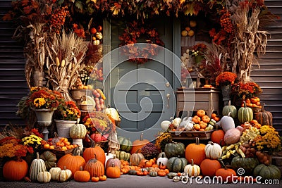 entrance of a house decorated with pumpkins for thanksgiving Stock Photo