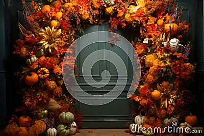 entrance of a house decorated with pumpkins for thanksgiving Stock Photo