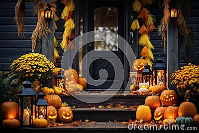 entrance of a house decorated with pumpkins for thanksgiving Stock Photo