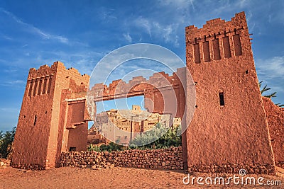 Entrance of ksar Ait Benhaddou, Ouarzazate. Ancient clay city in Morocco Stock Photo