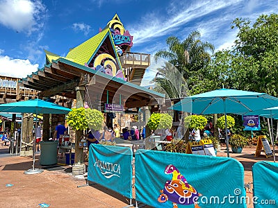 The entrance lines at SeaWorld Aquatica after the June 2020 reopening with people social distancing and wearing face masks Editorial Stock Photo