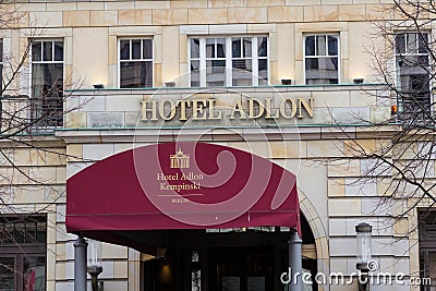 Entrance and logo of the famous Hotel Adlon in Berlin, Germany. Editorial Stock Photo