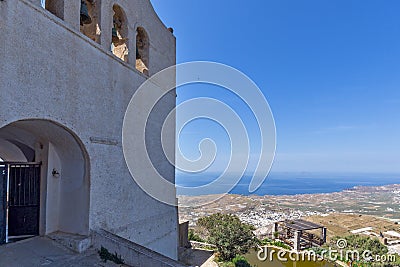 Entrance of Monastery Prophet Elias and panorama to Santorini island, Thira, Greece Stock Photo