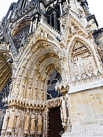 Entrance in Notre-Dame Cathedral in Reims, France Stock Photo