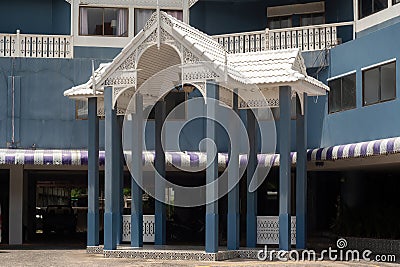 The entrance of an old hotel,shot from a public place Stock Photo