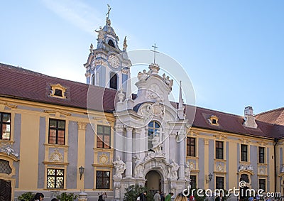 Entrance Portal and blue spire Abbey Church, Durnstein, Austria Editorial Stock Photo