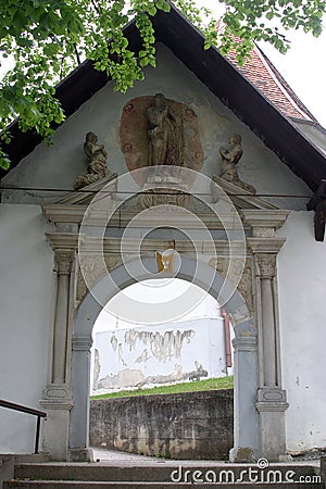 Entrance portal, Church of Birth of Virgin Mary in Sveta Marija pod Okicem, Croatia Stock Photo