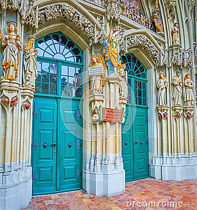 The entrance portal to Bern Minster, called the Last Judgment, Bern, Switzerland Editorial Stock Photo