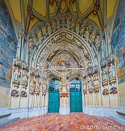 The entrance portal to Bern Minster with stone figures, called the Last Judgment, Bern, Switzerland Editorial Stock Photo