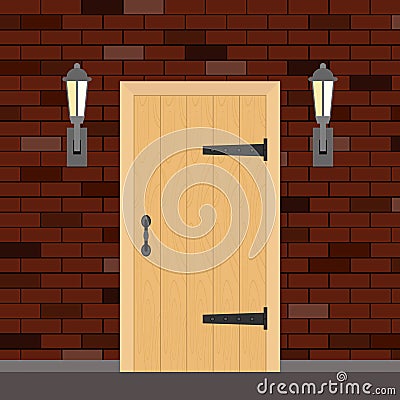 Entrance retro door with torches on the sides. Entrance door made of wood on a brick wall background. Cartoon Illustration