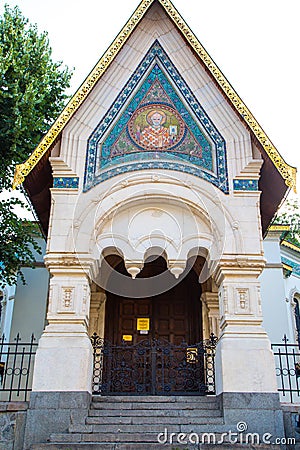 Entrance and Saint Nikolai Fresco in front the Editorial Stock Photo