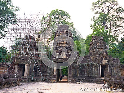 Entrance stone rock door gate ruin at Preah Khan temple Angkor Wat complex, Siem Reap Cambodia. A popular tourist attraction Editorial Stock Photo