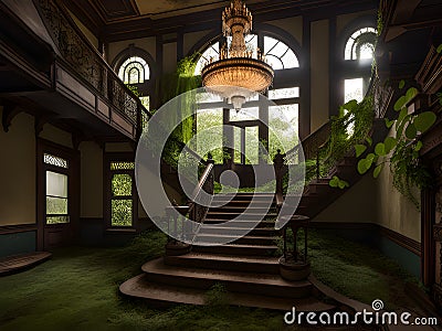 Entrance with symmetrical stairs of an abandoned casino. Sunlight shines through the windows and lights the darkness Stock Photo