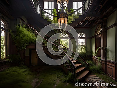 Entrance with symmetrical stairs of an abandoned casino. Sunlight shines through the windows and lights the darkness Stock Photo