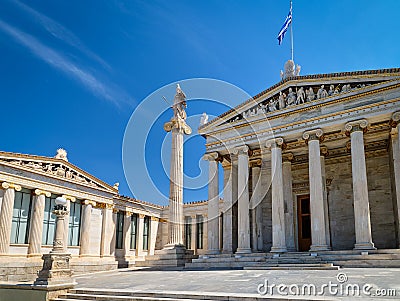 Entrance to Academy of Athens, Greece, and column with statue of Athena, ancient Greek goddess, patron of city, in Stock Photo