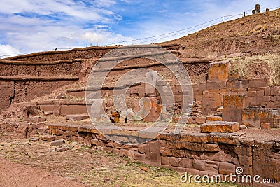 Entrance to the Akapana Pyramid at Tiwanaku, an ancient archeological site and UNESCO world heritage site near La Paz, Bolivia Editorial Stock Photo