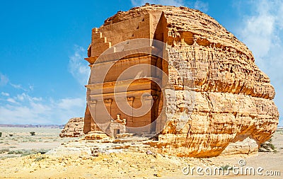 Entrance to ancient nabataean civilization Tomb of Lihyan, son of Kuza carved in rock, Madain Salih, Hegra, Stock Photo