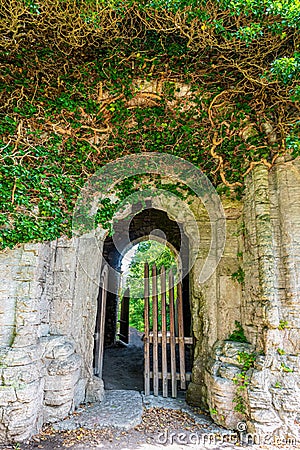 Entrance to an ancient ruin building covered with green creeper plant in Visby Gotland Sweden. Stock Photo