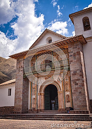 Entrance to the Barroque-style church of Andahuaylillas. Cusco, Peru Editorial Stock Photo