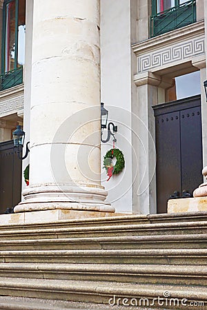 Entrance to Bavarian State Opera decorated with Christmas wreaths, Munich, Germany Stock Photo