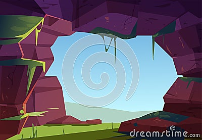 Entrance to cave in mountain, hole in rock, cavern Cartoon Illustration