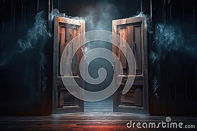 Entrance to dungeons and hell. A large open wooden door is shrouded in mist and cobwebs, generative AI Stock Photo