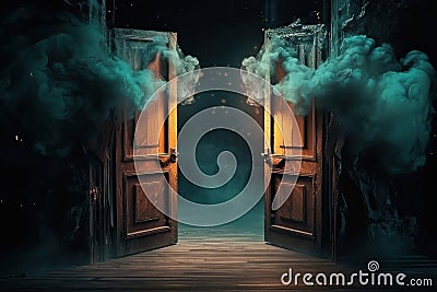 Entrance to dungeons and hell. A large open wooden door is shrouded in mist and cobwebs, generative AI Stock Photo