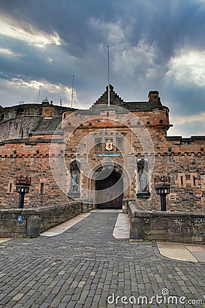 Entrance to Edinburgh Castle, Scotland, with dramatic skies in background Editorial Stock Photo