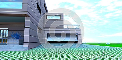 Entrance to garage of the compact private house. Concrete grid as a pavement around the building. 3d rendering Stock Photo