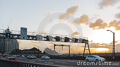 The entrance to the Harbour Bridge at sunset, Sydney Editorial Stock Photo