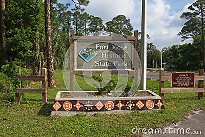 Entrance to Historic Fort Mose State Park showcases beautiful ceramic tile artwork along a planter Editorial Stock Photo