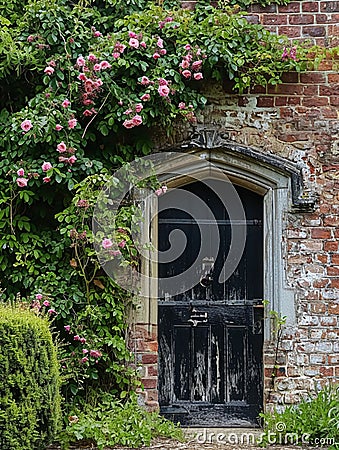 Entrance to a historic manor, framed by antique architectural elements and flanked by potted topiaries, features an aged door Stock Photo