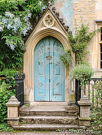 Entrance to a historic manor, framed by antique architectural elements and flanked by potted topiaries, features an aged door Stock Photo