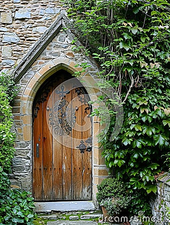 Entrance to a historic manor, framed by antique architectural elements and flanked by potted topiaries, features an aged door Stock Photo