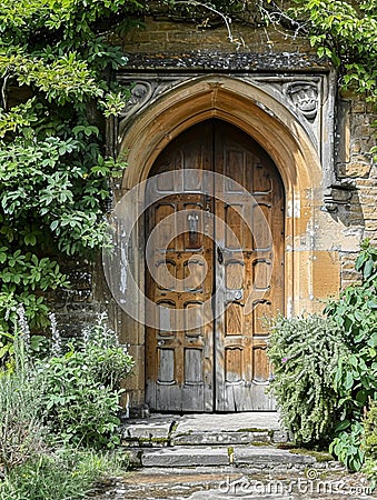 Entrance to a historic manor, framed by antique architectural elements and flanked by potted topiaries, features an aged door Stock Photo