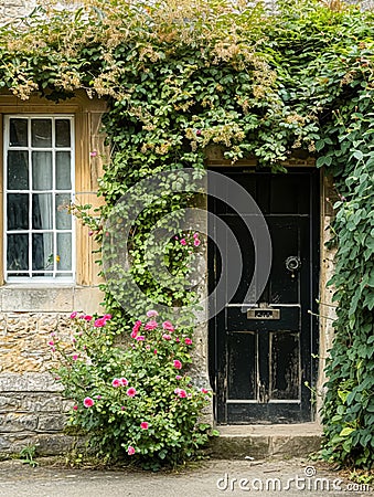 Entrance to a historic manor, framed by antique architectural elements and flanked by potted topiaries, features an aged door Stock Photo