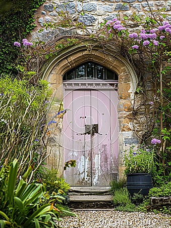 Entrance to a historic manor, framed by antique architectural elements and flanked by potted topiaries, features an aged door Stock Photo