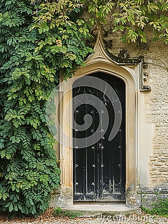 Entrance to a historic manor, framed by antique architectural elements and flanked by potted topiaries, features an aged door Stock Photo