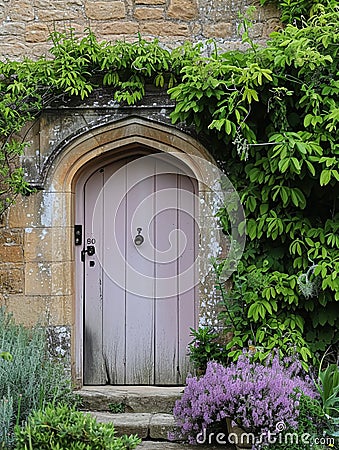 Entrance to a historic manor, framed by antique architectural elements and flanked by potted topiaries, features an aged door Stock Photo