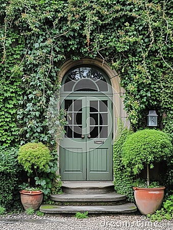 Entrance to a historic manor, framed by antique architectural elements and flanked by potted topiaries, features an aged door Stock Photo