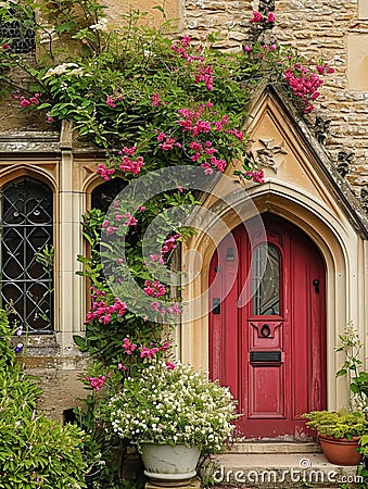 Entrance to a historic manor, framed by antique architectural elements and flanked by potted topiaries, features an aged door Stock Photo