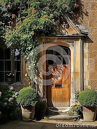 Entrance to a historic manor, framed by antique architectural elements and flanked by potted topiaries, features an aged door Stock Photo