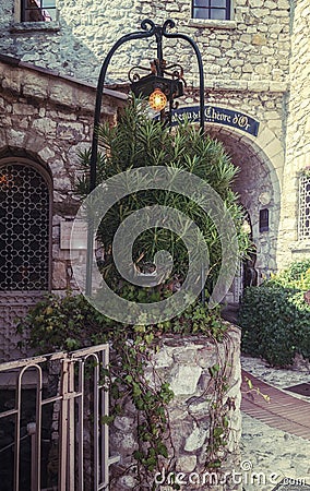 The entrance to the hotel The golden goat in the picturesque French village of Eze Editorial Stock Photo