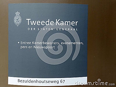 Entrance to the House of Representatives (Tweede Kamer) on the bezuidenhoutseweg in The Hague Editorial Stock Photo